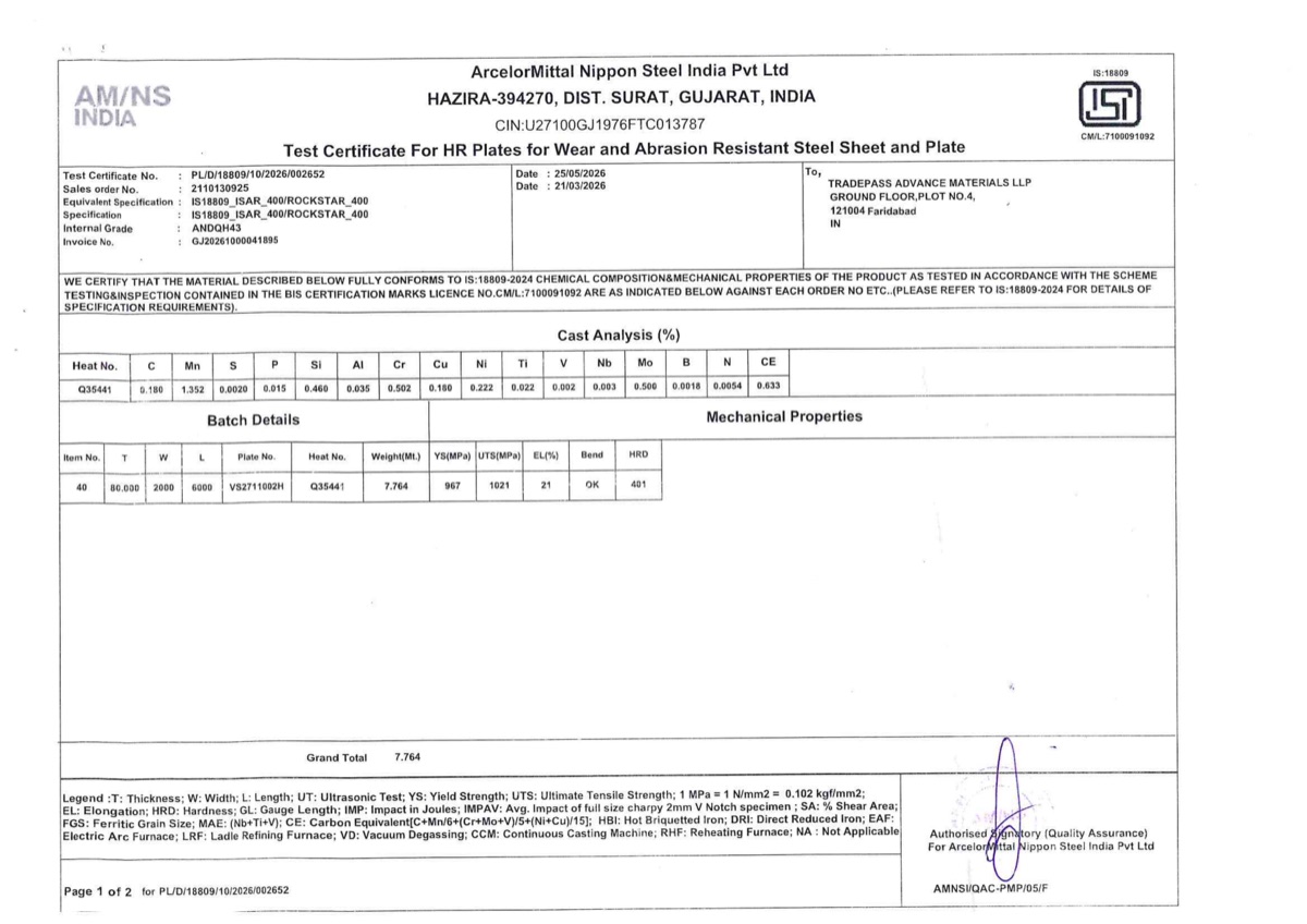 ArcelorMittal Nippon Steel (AMNS) mill test certificate for abrasion-resistant AR plate, heat Q35441, supplied to Tradepass